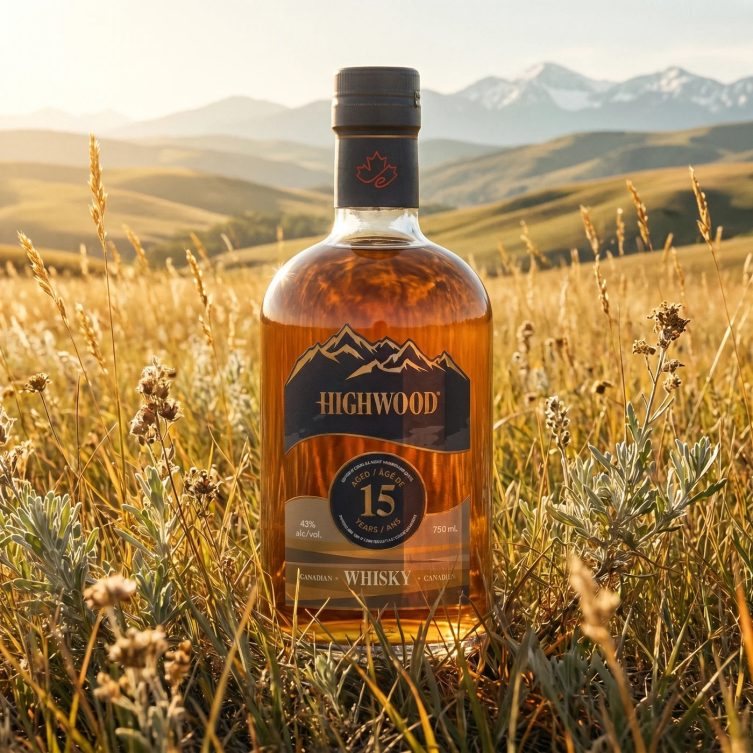 Highwood 15 Year bottle in a high-summer prairie at golden hour