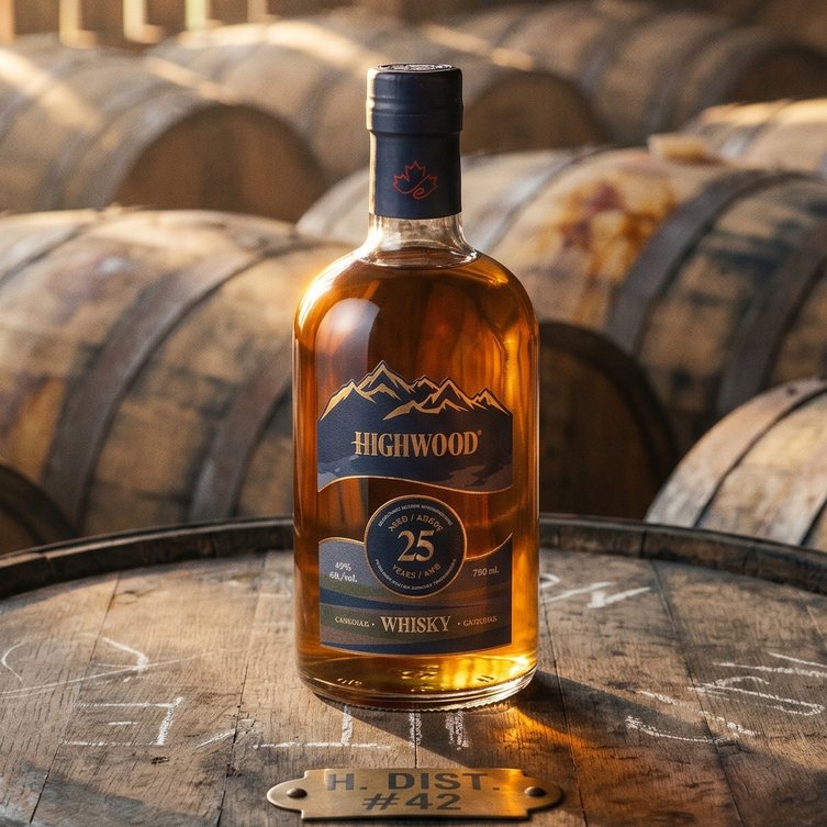 Highwood 25 Year bottle in the rickhouse among aging casks