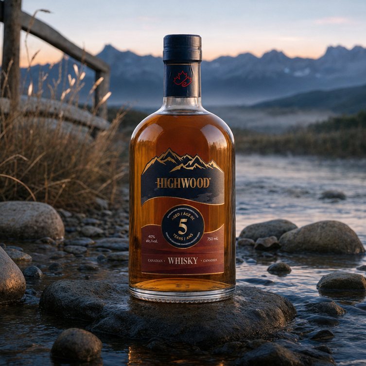 Highwood 5 Year bottle in dewy spring prairie at dawn