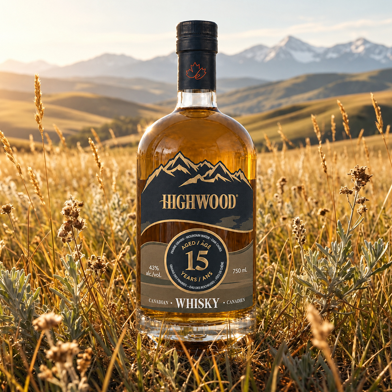 Highwood 15 Year bottle in a high-summer prairie at golden hour