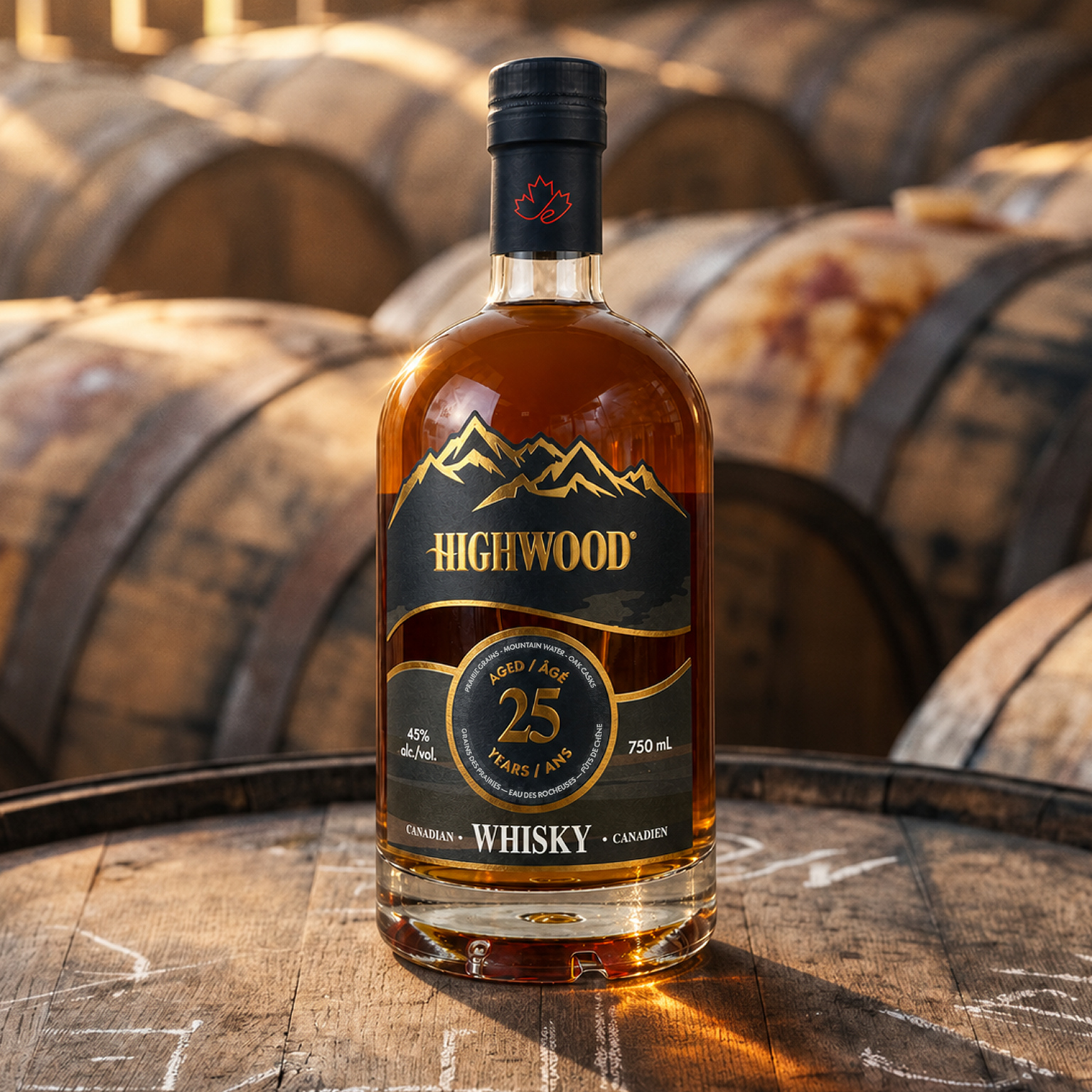 Highwood 25 Year bottle in the rickhouse among aging casks