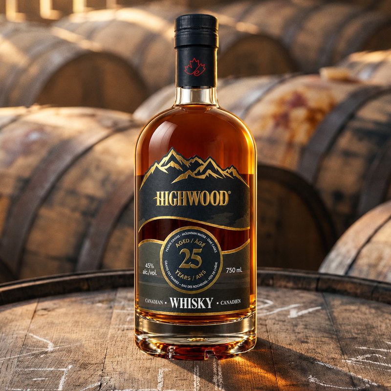 Highwood 25 Year bottle in the rickhouse among aging casks