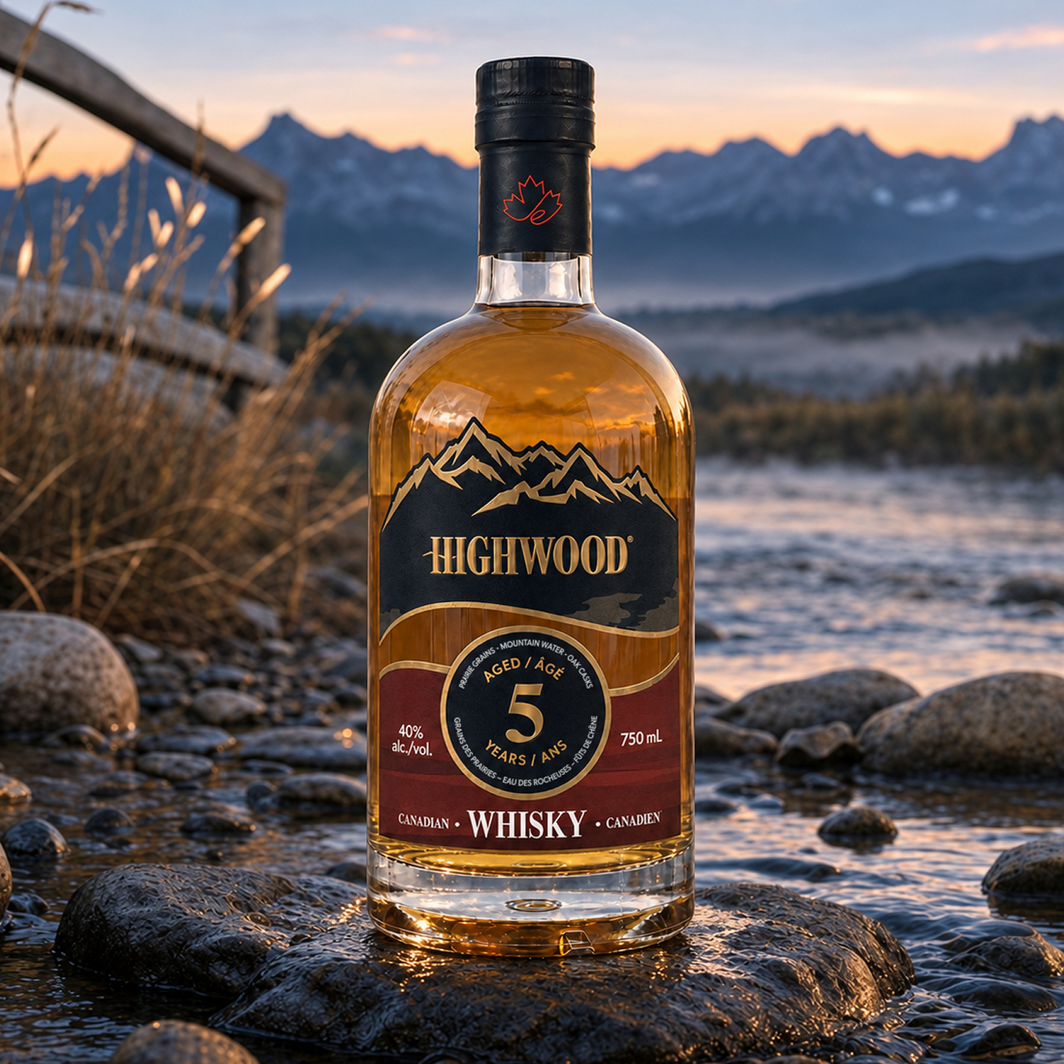 Highwood 5 Year bottle beside a mountain river at dusk