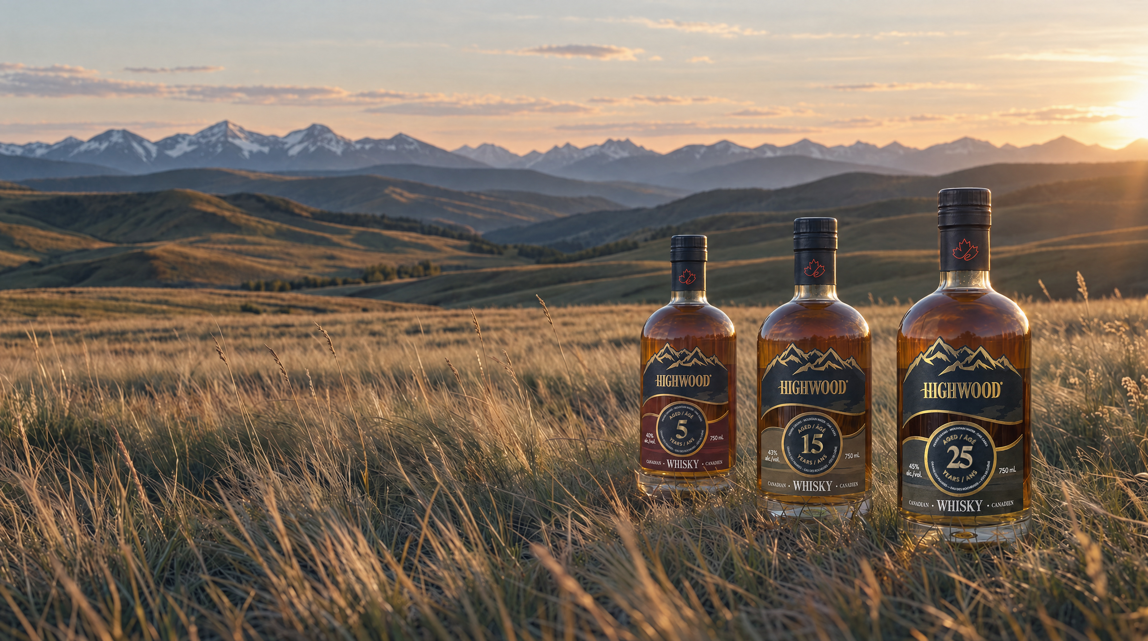 Three Highwood bottles in prairie grass at golden hour