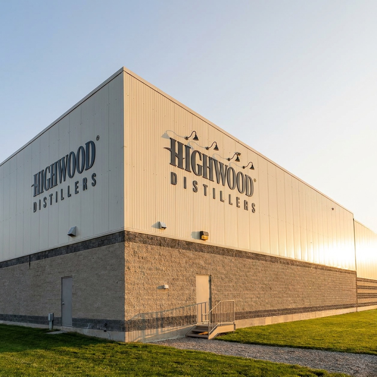 Highwood Distillers building exterior with brand sign, High River, Alberta