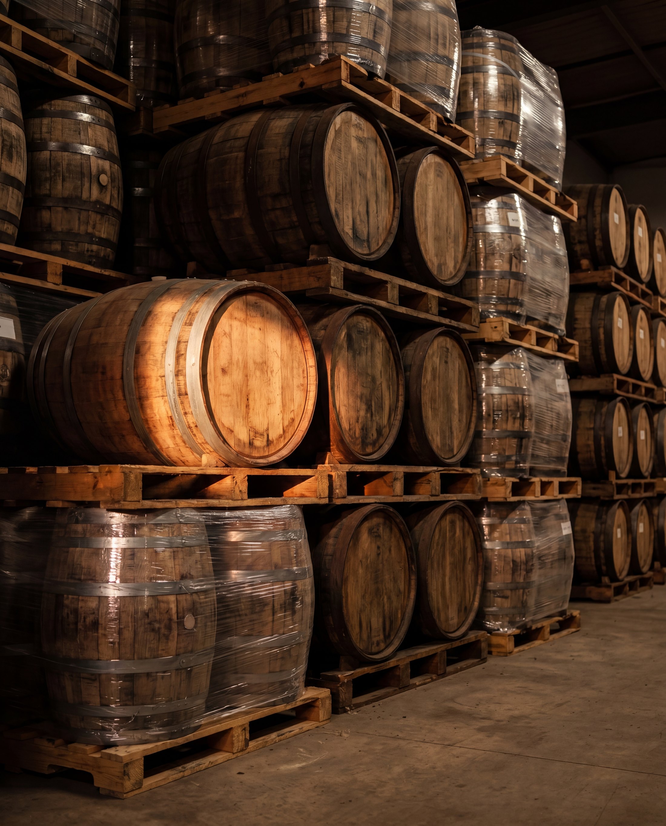 Inside a Highwood rickhouse: aged oak casks stacked on pallets, cooper's chalk markings on the foreground head.