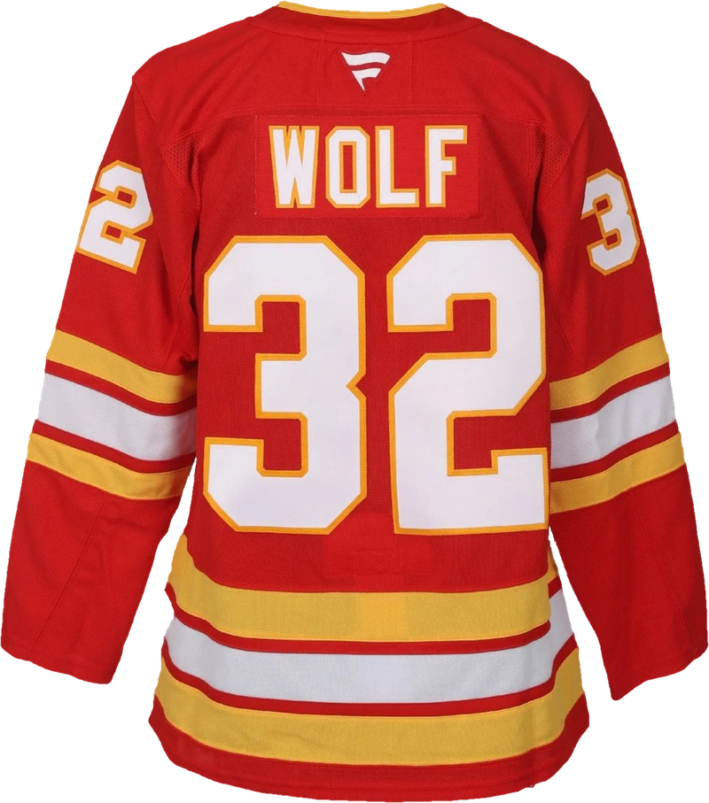 The Dustin Wolf #32 Calgary Flames red home jersey, seen from the back